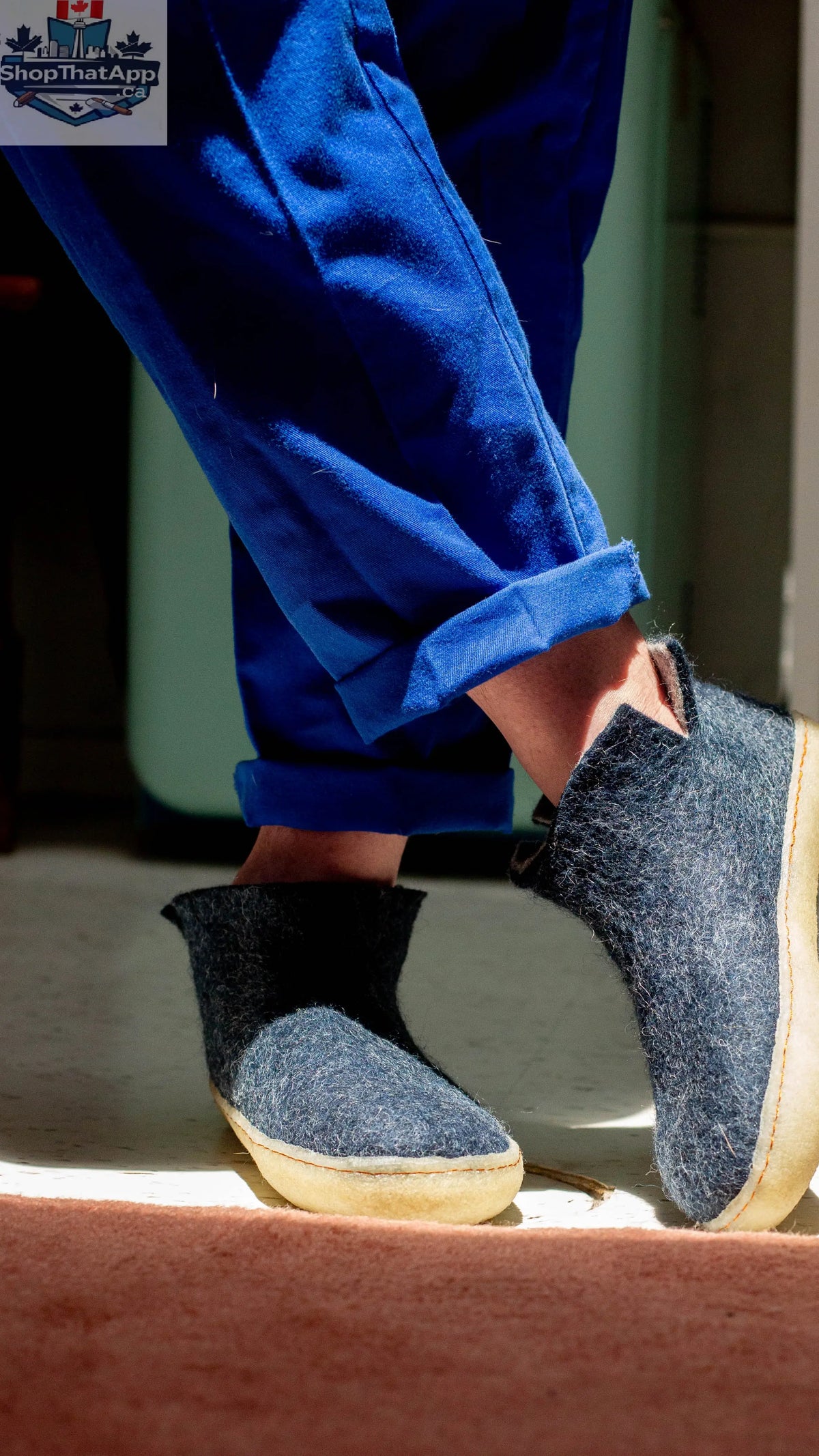 Classic Navy Wool Felt Slipper Boots with Natural Rubber Sole - Shopthatapp.ca