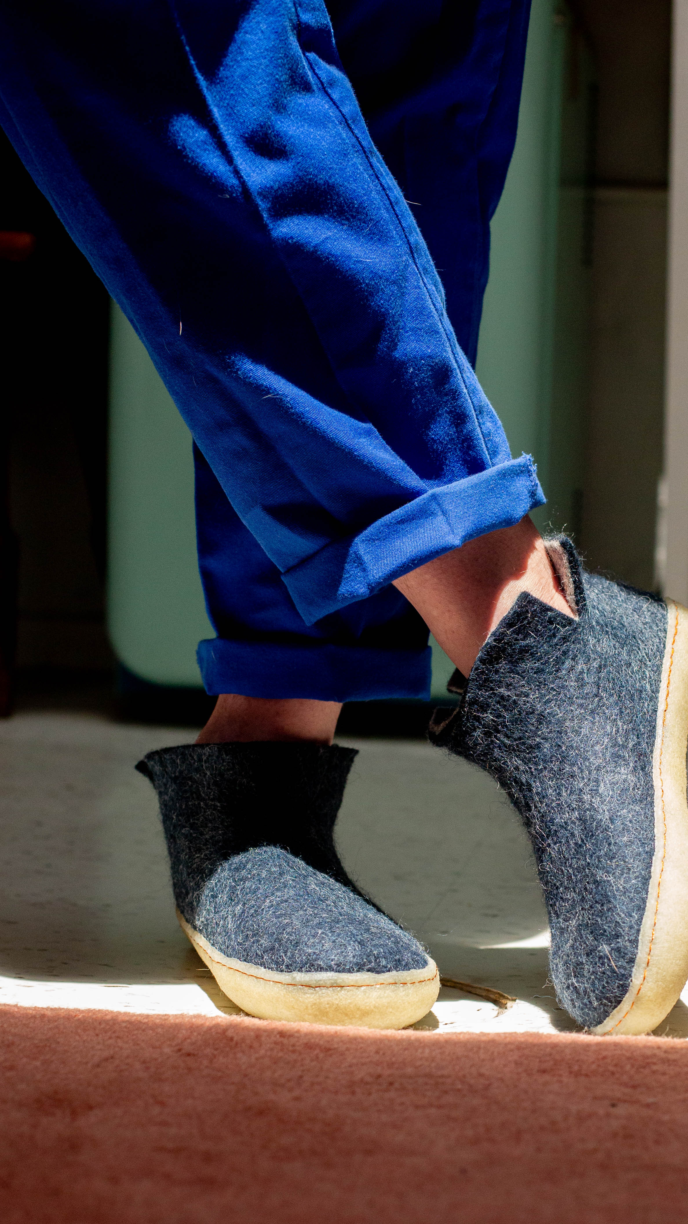 Classic Navy Wool Felt Slipper Boots with Natural Rubber Sole