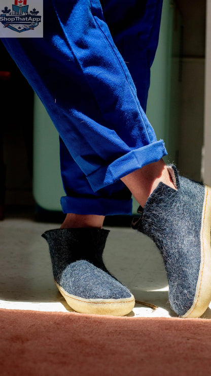 Classic Navy Wool Felt Slipper Boots with Natural Rubber Sole - Shopthatapp.ca