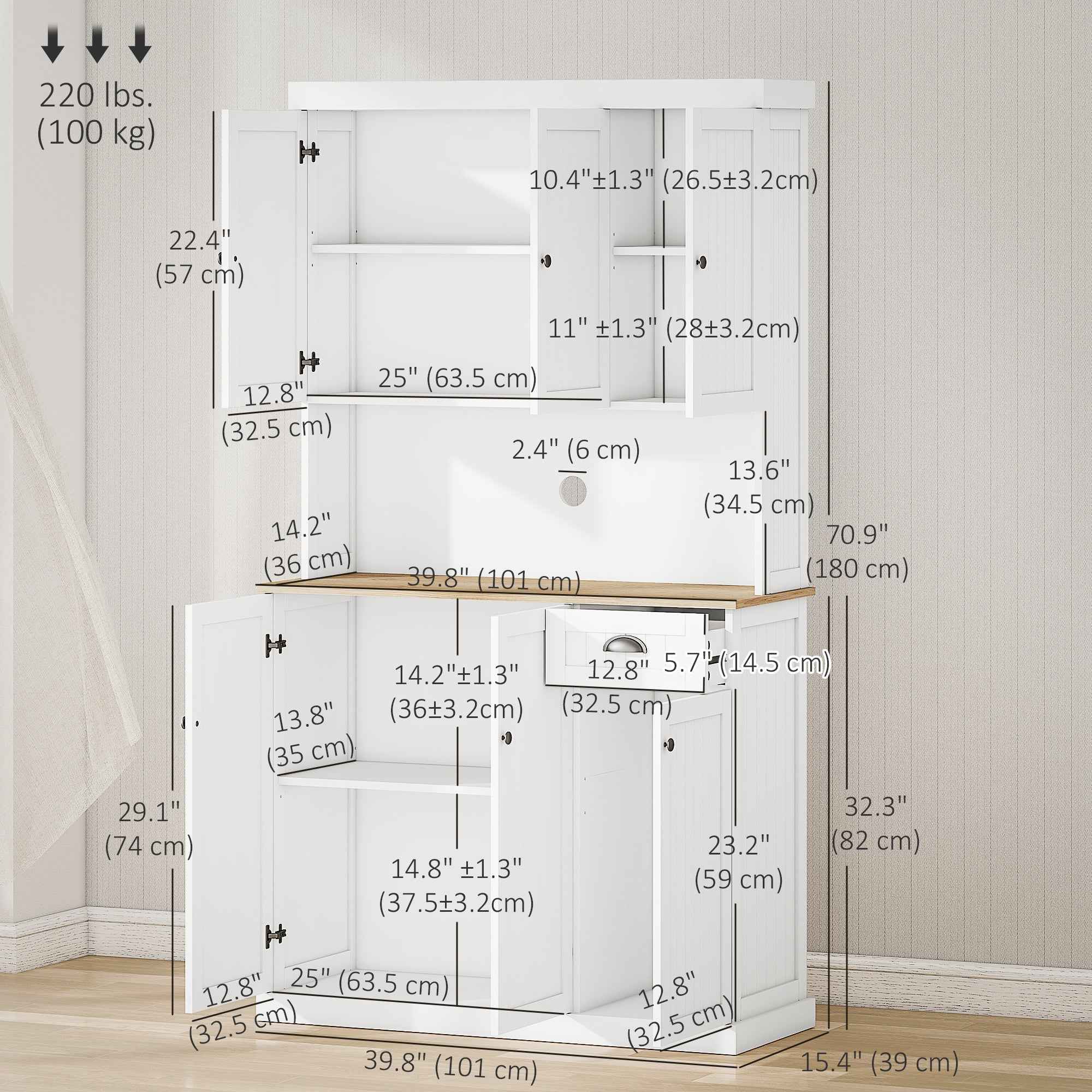Denver 71" Kitchen Storage Cabinet with Hutch-White/Oak