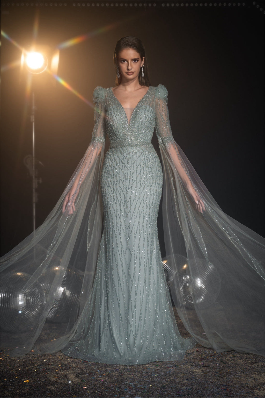 Embellished cape sleeves Evening Gown - Www.Shopthatapp.ca