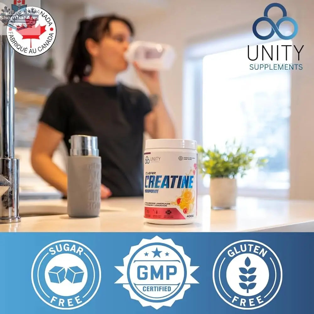 BulkBully Supplements Unity Creatine powder in a clear container, showing the label and white powdered supplement inside.