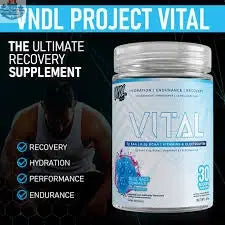BulkBully Supplements VNDL Project Vital hydration and recovery powder in a shaker bottle with a scoop of the supplement.