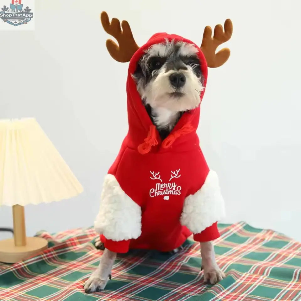Merry Christmas Reindeer Dog Hoodie – Cozy Red & White Holiday Sweater - Shopthatapp.ca