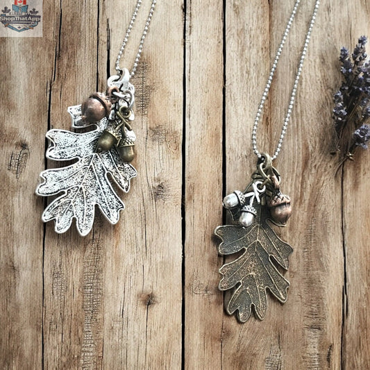 Oak Leaf and Acorn Necklace - Silver-Tone or Bronze-Tone Forest Pendant - Shopthatapp.ca