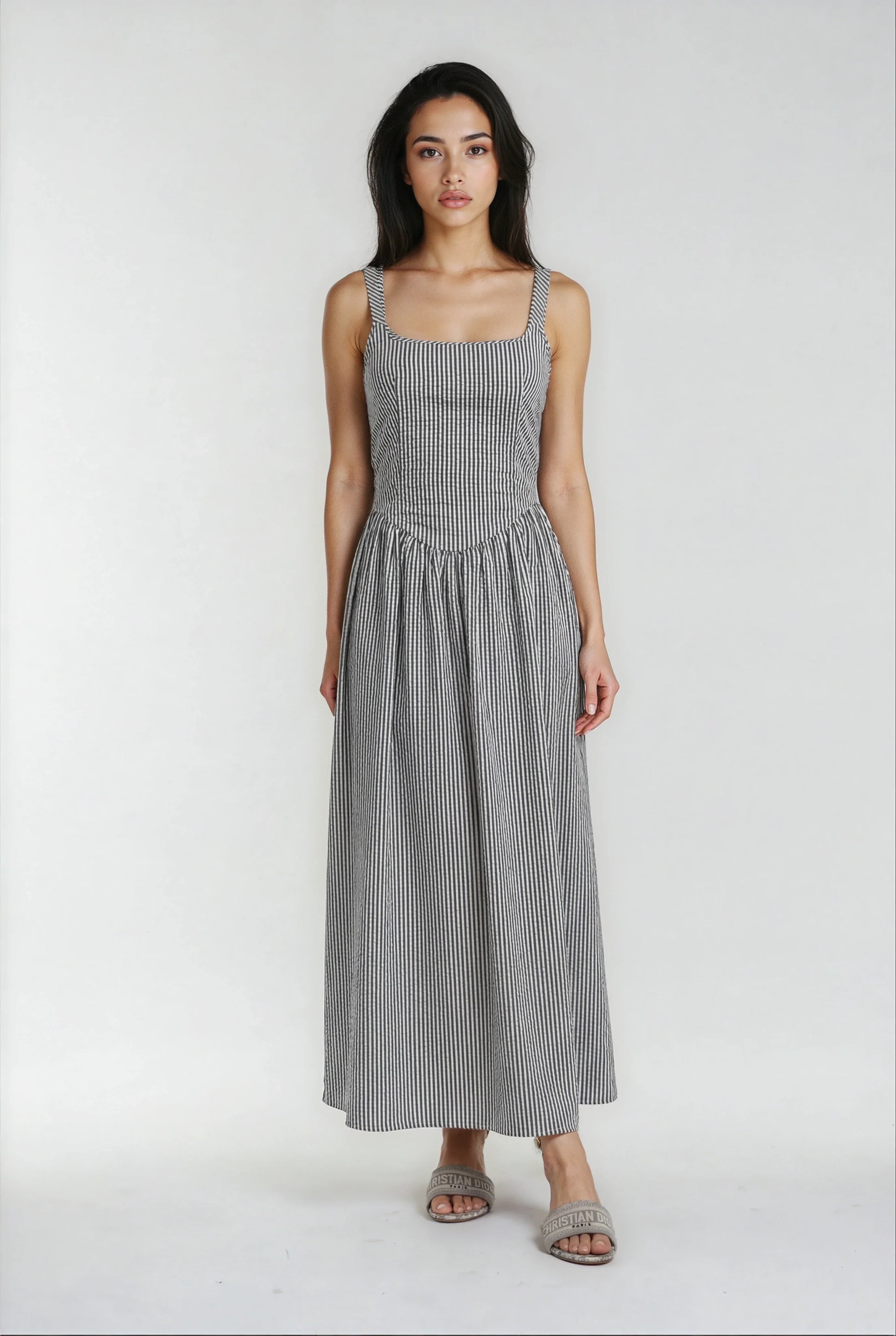 Jules - Lightweight Tie Back Midi Dress In Black Stripe - Shopthatapp.ca