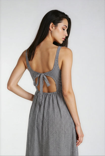Jules - Lightweight Tie Back Midi Dress In Black Stripe - Shopthatapp.ca