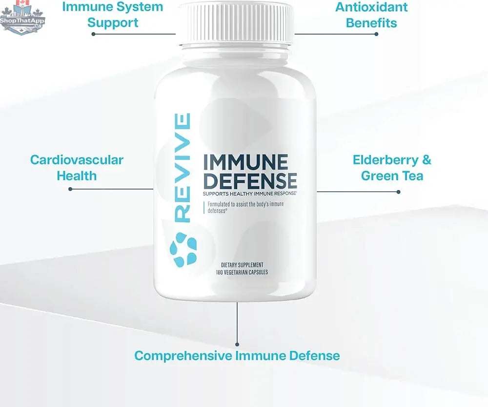 Revive Immune Defense vitamins from BulkBully Supplements in a bottle, showcasing the supplement packaging on a clean background.