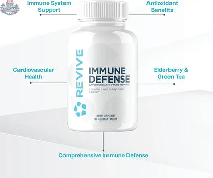 Revive Immune Defense vitamins from BulkBully Supplements in a bottle, showcasing the supplement packaging on a clean background.