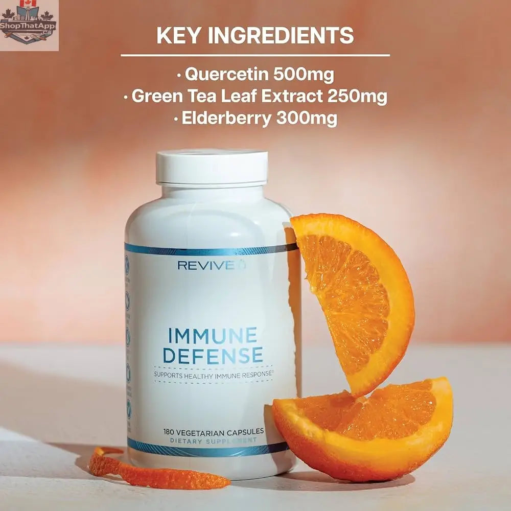 Bottle of BulkBully Supplements Revive Immune Defense vitamins with label visible, showing supplement details and branding.