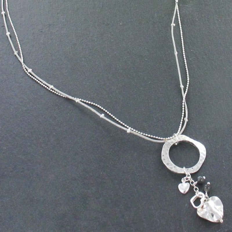 Beaten Ring Necklace With Heart Charms In Silver Plate - Shopthatapp.ca