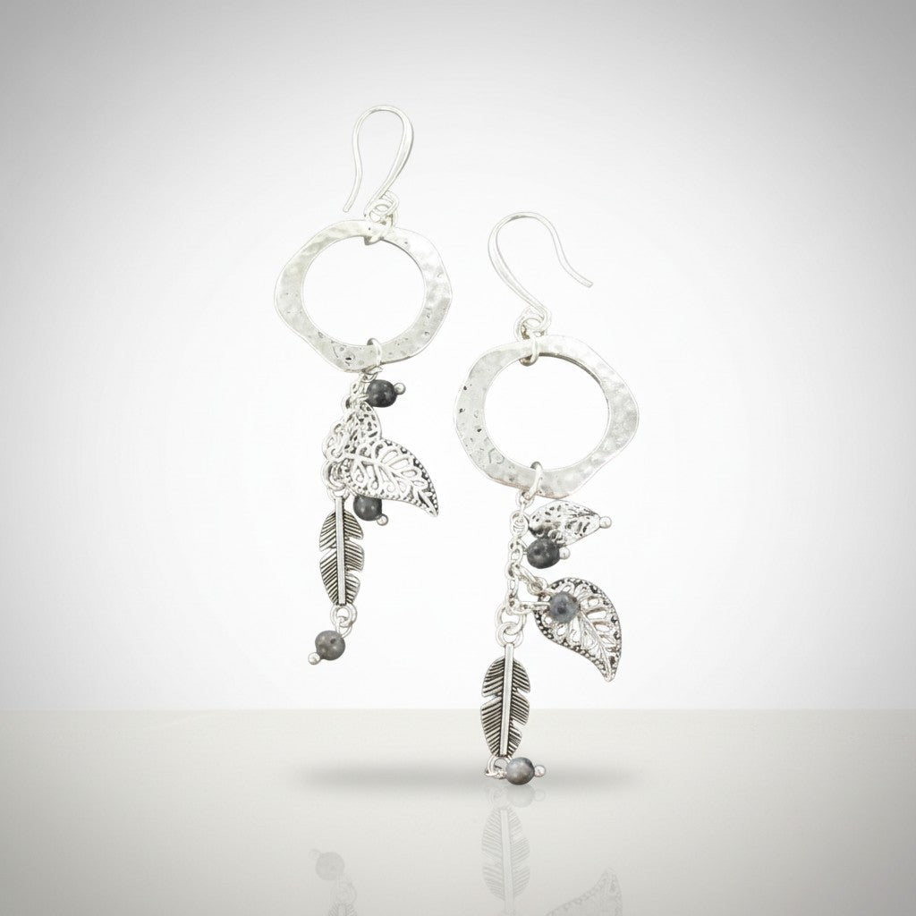 Beaten Silver Leaf Earrings with Charming Leaf Charms - Shopthatapp.ca
