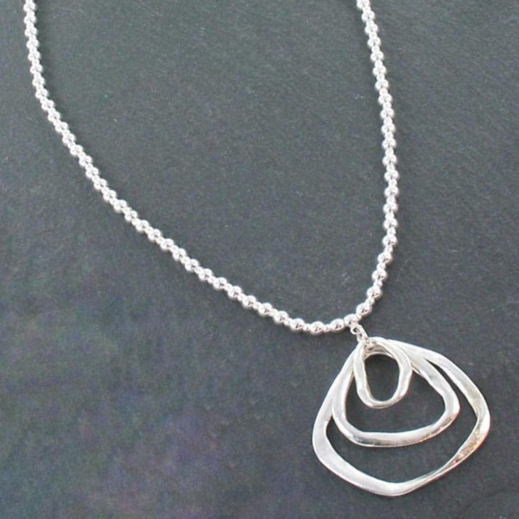 Silver Ball Necklace With Triple Ring Pendant In Silver Plate - Shopthatapp.ca