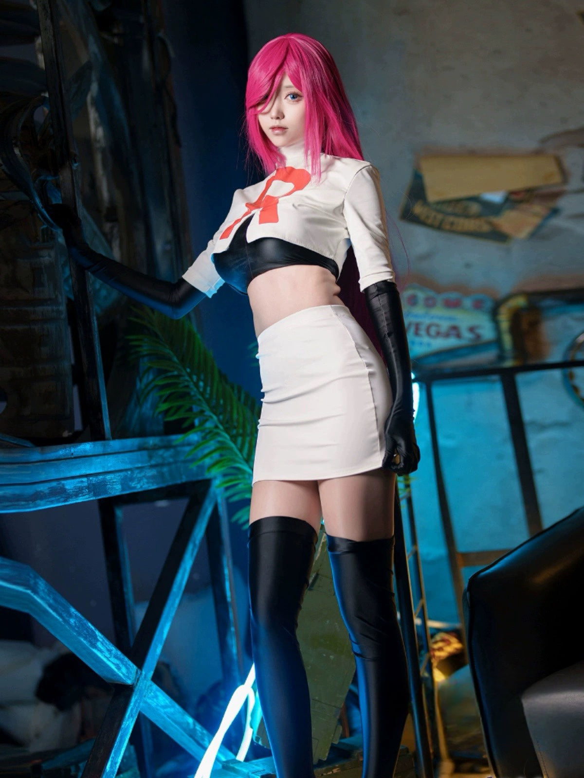 Anime Team Rocket Spandex Leather Cosplay Costume Set with Gloves and Skirt - Shopthatapp.ca