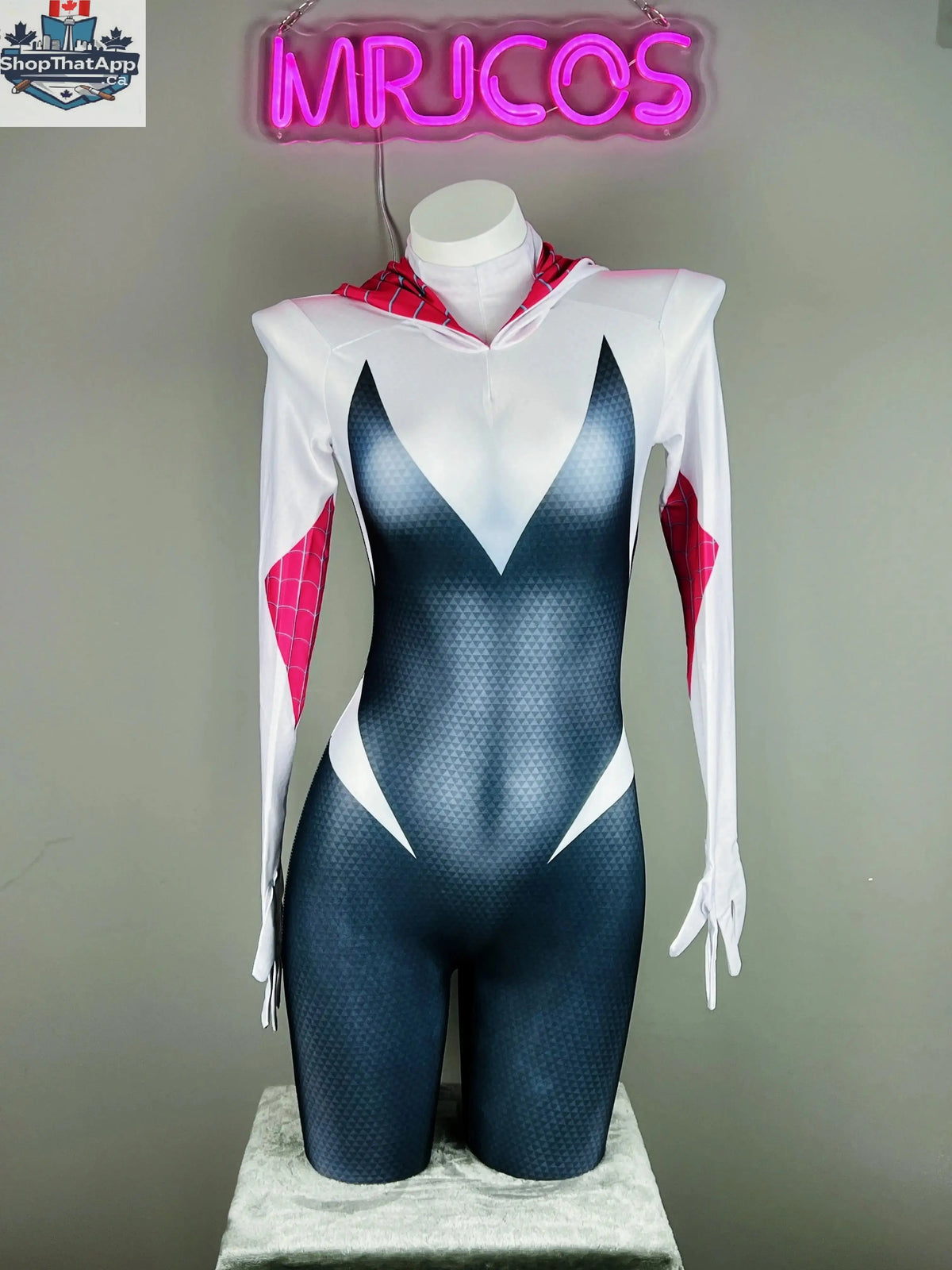 MRJCOS Spider Gwen Super Hero cosplay costume full bodysuit, featuring black and pink spider web design for Halloween outfit.