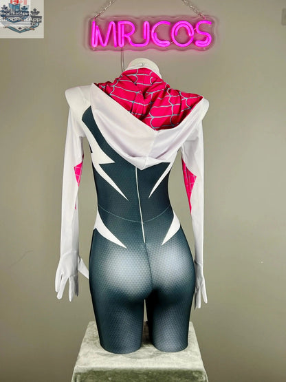 MRJCOS Spider Gwen superhero cosplay costume full bodysuit featuring vibrant design and detailed web patterns for Halloween or costume events.