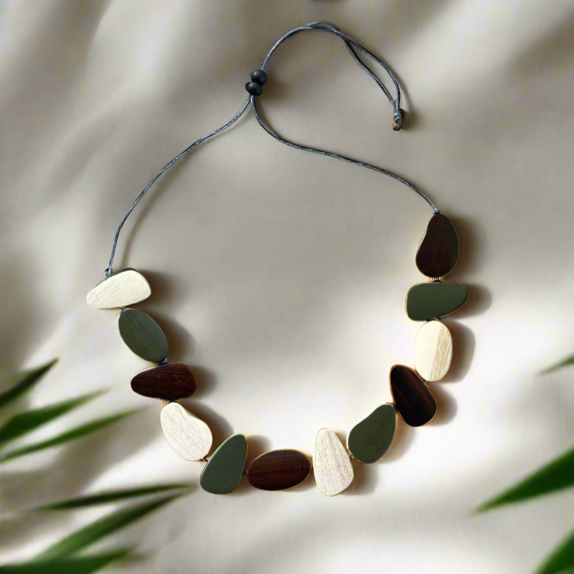 Wooden Pebble Necklace -Green, Brown & Cream - Shopthatapp.ca