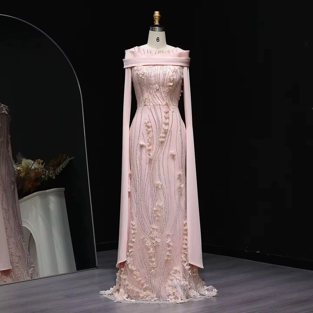 Floral Cape sleeves modest evening gown - Www.Shopthatapp.ca