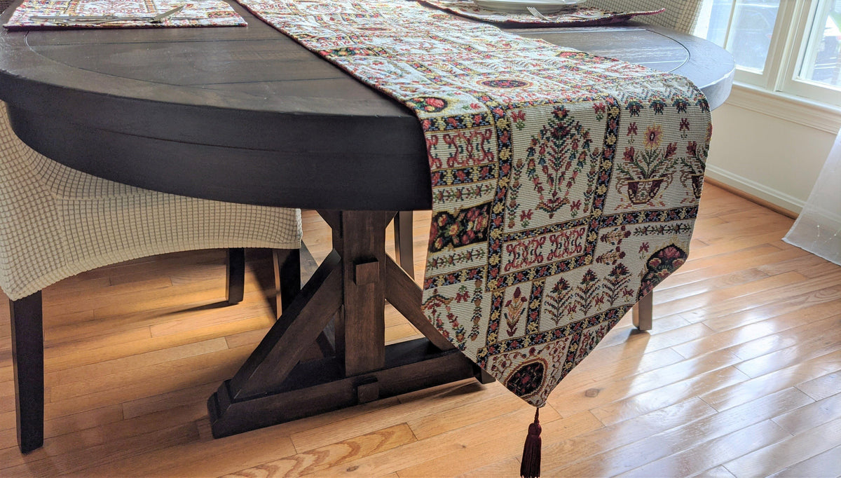 DaDalogy Bedding Cottage Mughal Floral Woven Tapestry Table Runner, Light Fleur White Botanical Vintage (18196)--www.Shopthatapp.ca-DaDalogy Bedding Collection