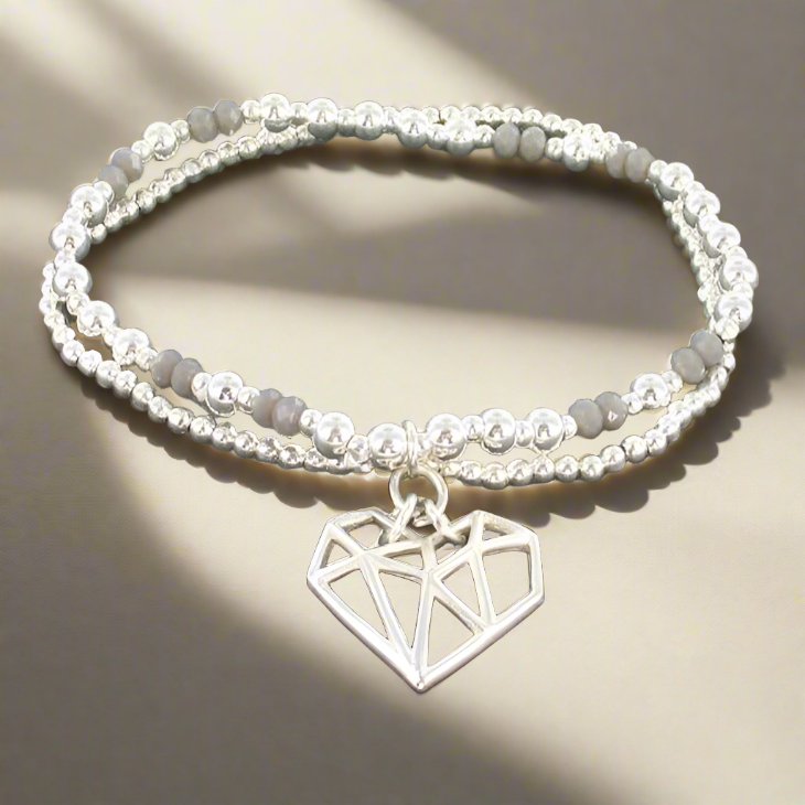 Double Strand Heart Pendant Bracelet in Silver Plate - Shopthatapp.ca