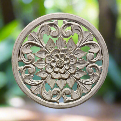 Wooden carved flower accent, round decorative home decor piece by Suzie Blue Canada, featuring intricate floral carvings.