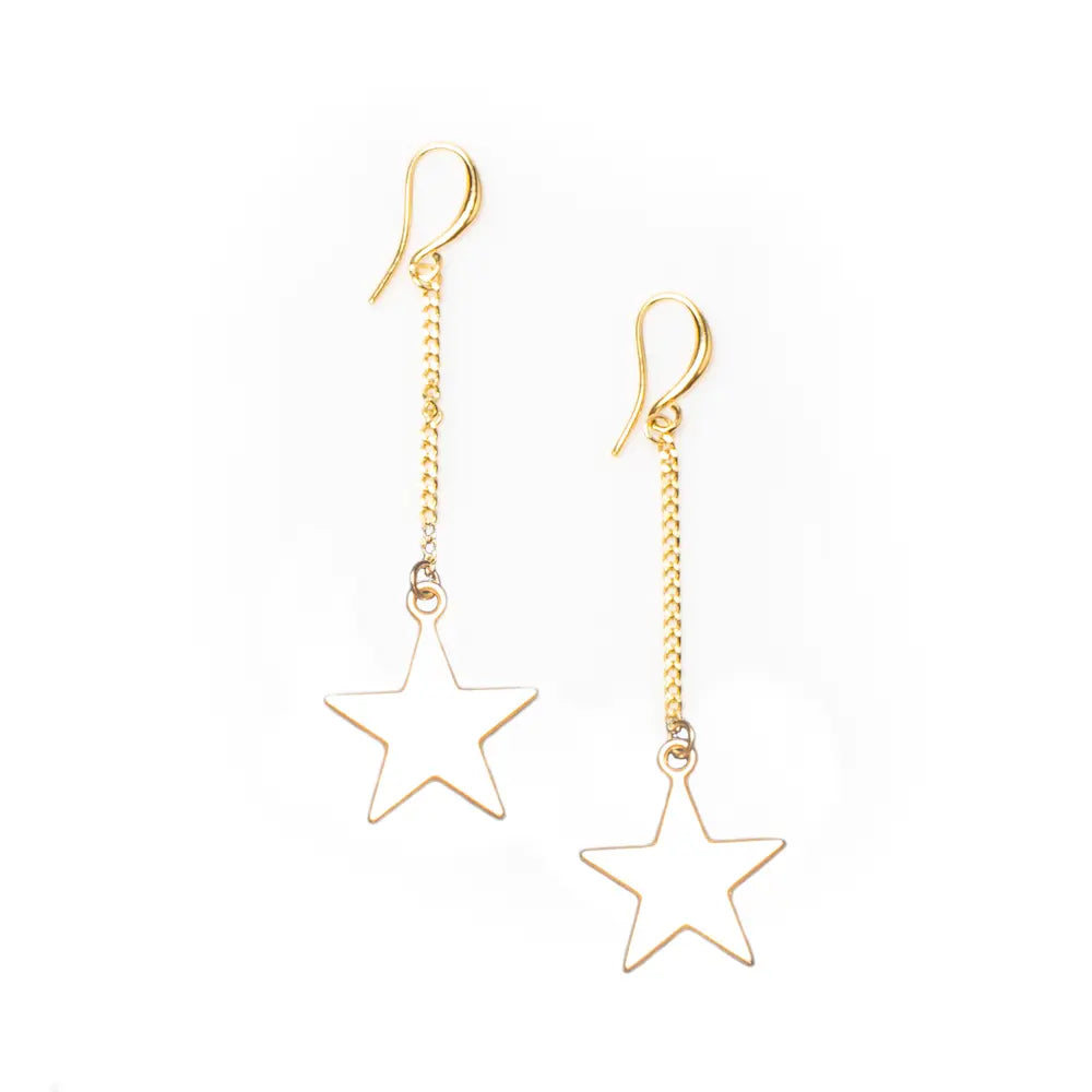 Gold-plated drop chain star earrings by Suzie Blue Canada featuring delicate star charms and stylish chain design.