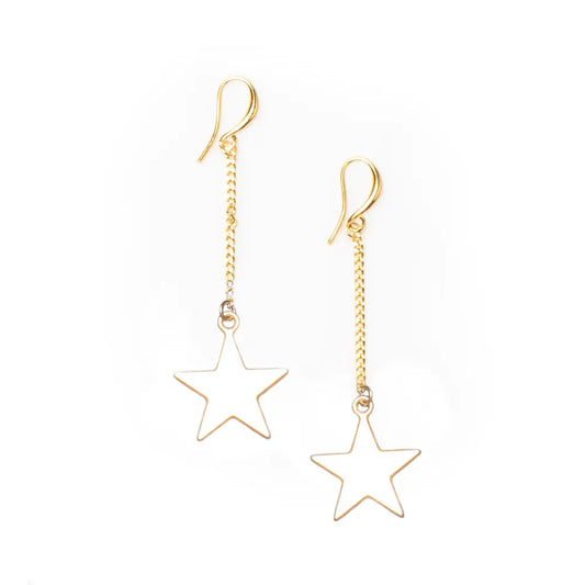 Gold-plated drop chain star earrings by Suzie Blue Canada featuring delicate star charms and stylish chain design.