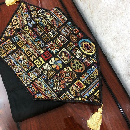 DaDa Bedding Ethnic Ornaments Geometric Black Elegant Woven Tapestry Dining Table Runner (18118)--www.Shopthatapp.ca-DaDalogy Bedding Collection