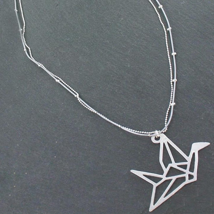 Double Strand Necklace Origami Bird Pendant in Silver Plate - Shopthatapp.ca