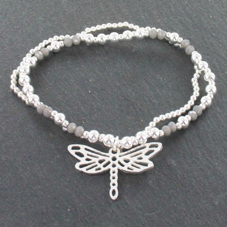 Double Strand Bracelet Dragonfly Pendant in Silver Plate - Shopthatapp.ca