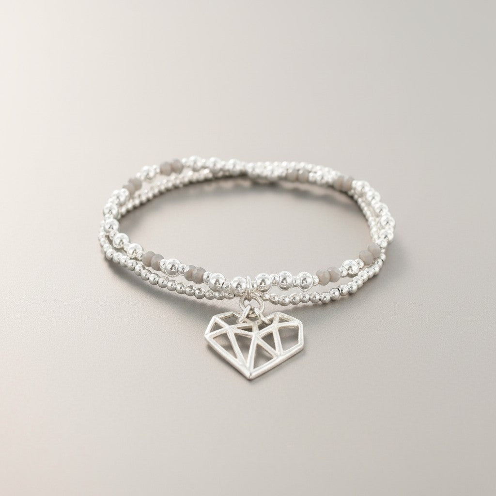 Double Strand Heart Pendant Bracelet in Silver Plate - Shopthatapp.ca