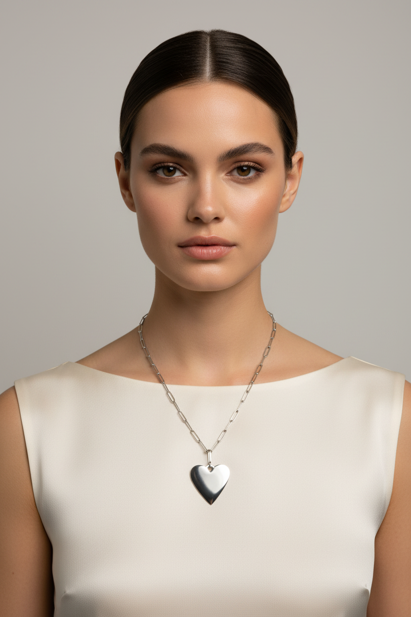 Short Chainlink Heart Necklace in Grey Stainless Steel - Shopthatapp.ca