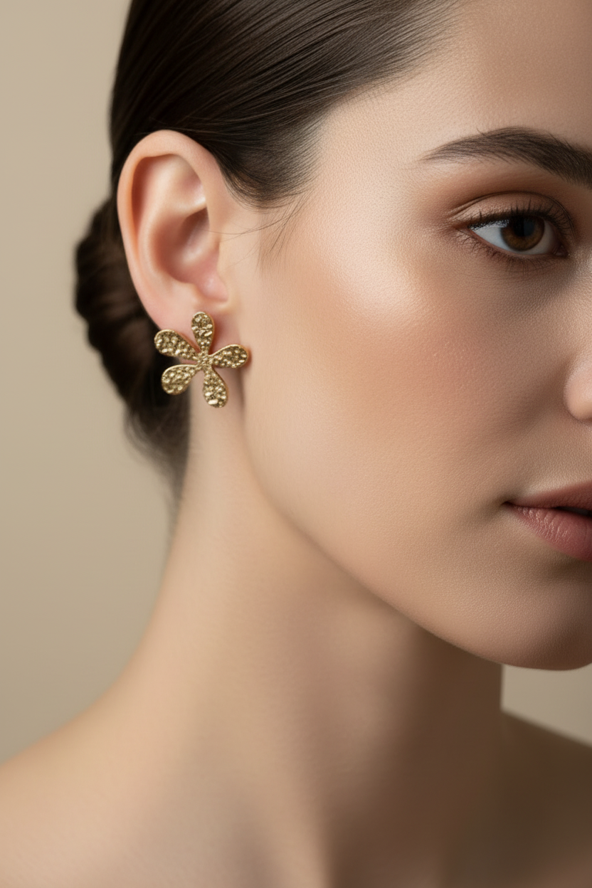 Beaten Metal Flower Earrings in Gold Stainless Steel - Shopthatapp.ca
