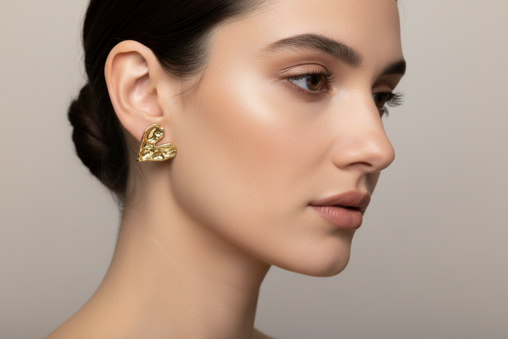 Beaten Metal Heart Stud Earrings - Gold Stainless Steel - Shopthatapp.ca