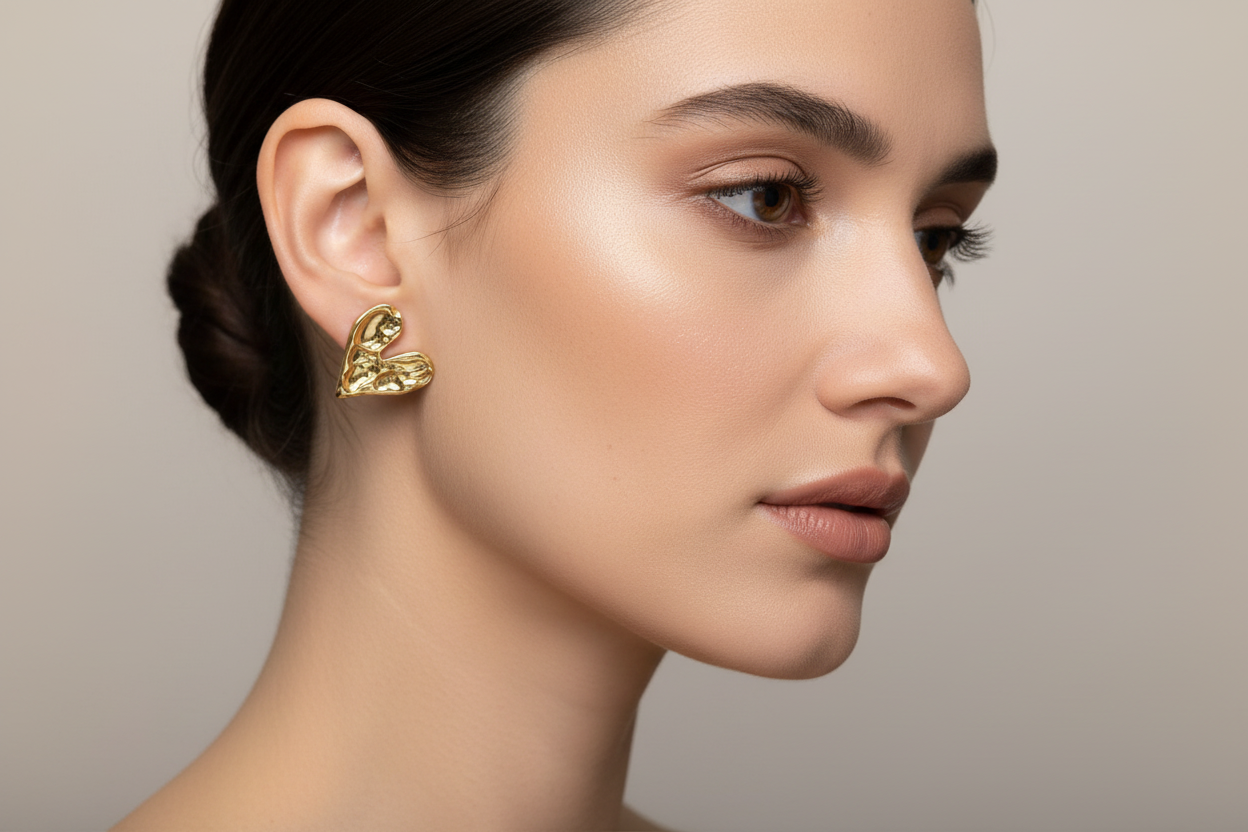 Beaten Metal Heart Stud Earrings - Gold Stainless Steel - Shopthatapp.ca