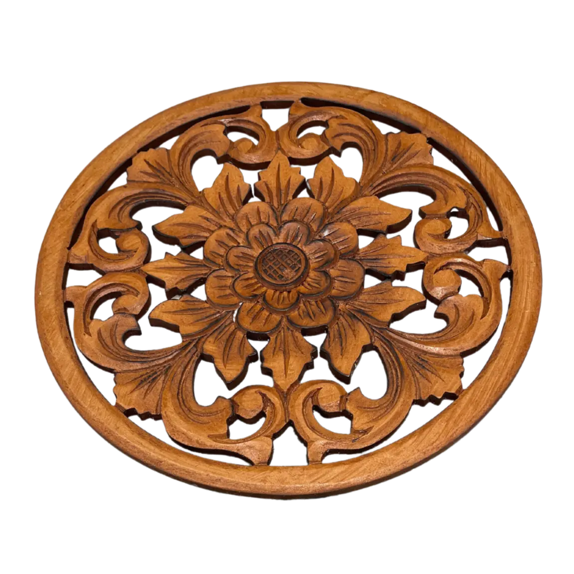 Wooden carved flower accent decorative home decor piece by Suzie Blue Canada, round design with intricate floral carvings.