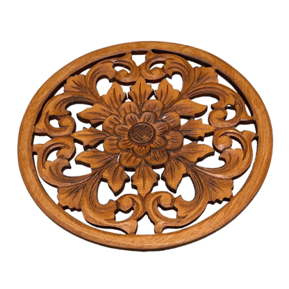 Wooden carved flower accent decorative home decor piece by Suzie Blue Canada, round design with intricate floral carvings.