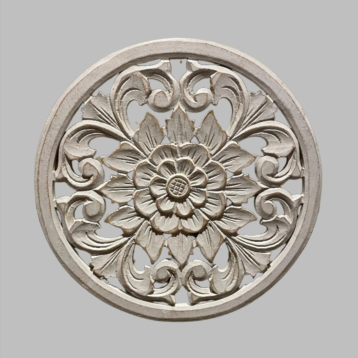 Wooden carved flower round accent piece for home decor by Suzie Blue Canada, featuring intricate floral design in natural wood finish.