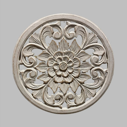 Wooden carved flower round accent piece for home decor by Suzie Blue Canada, featuring intricate floral design in natural wood finish.