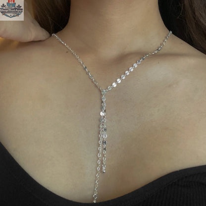 Silver plated disc chain necklace with double drop design by Suzie Blue Canada, featuring a stylish and elegant jewelry piece.