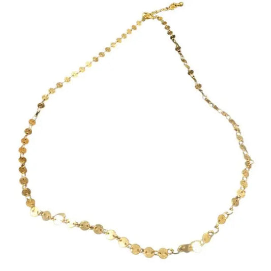 Gold plated disc chain necklace by Suzie Blue Canada featuring a simple, elegant pendant on a delicate chain.