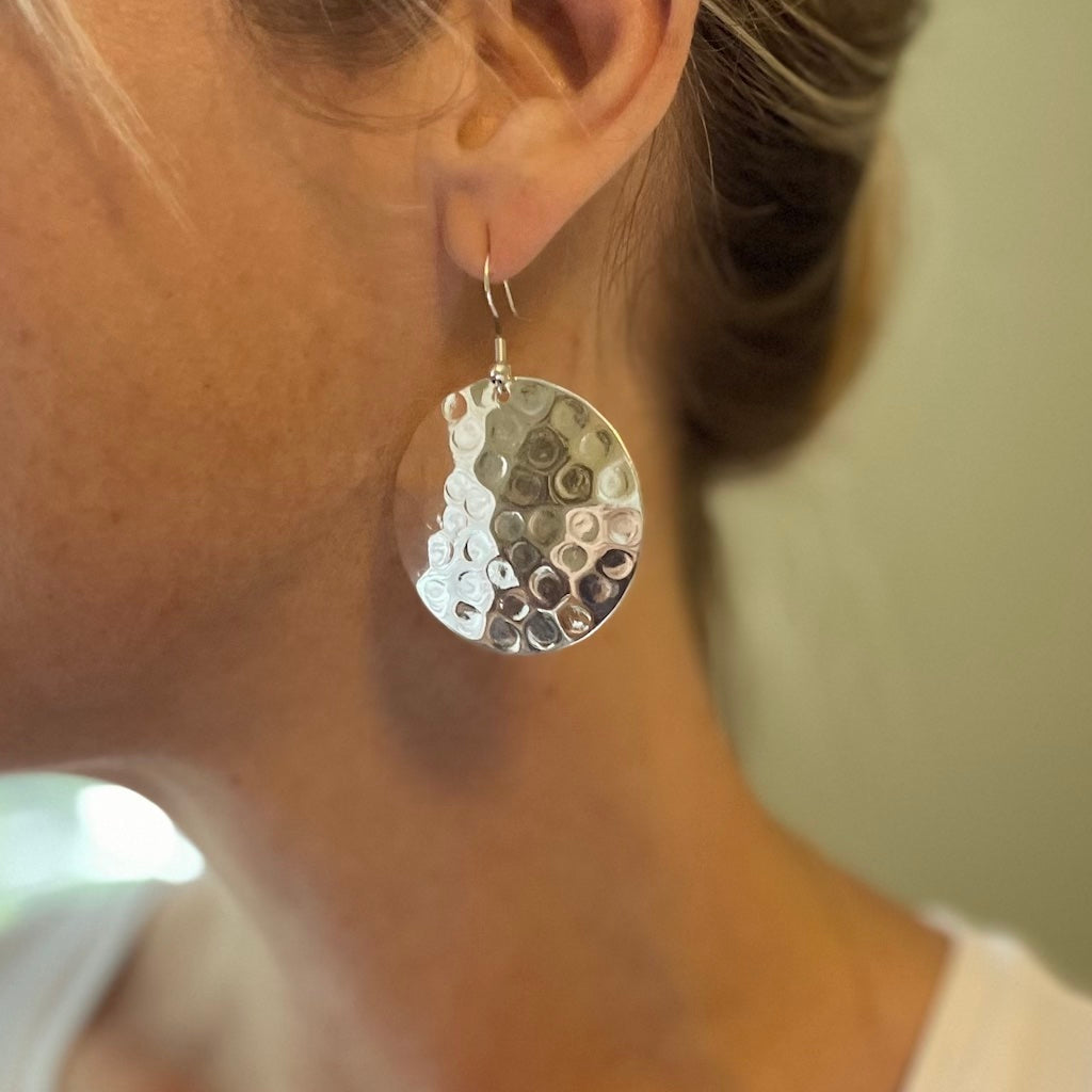 Beaten Metal Disc Earrings - Silver Colour - Shopthatapp.ca
