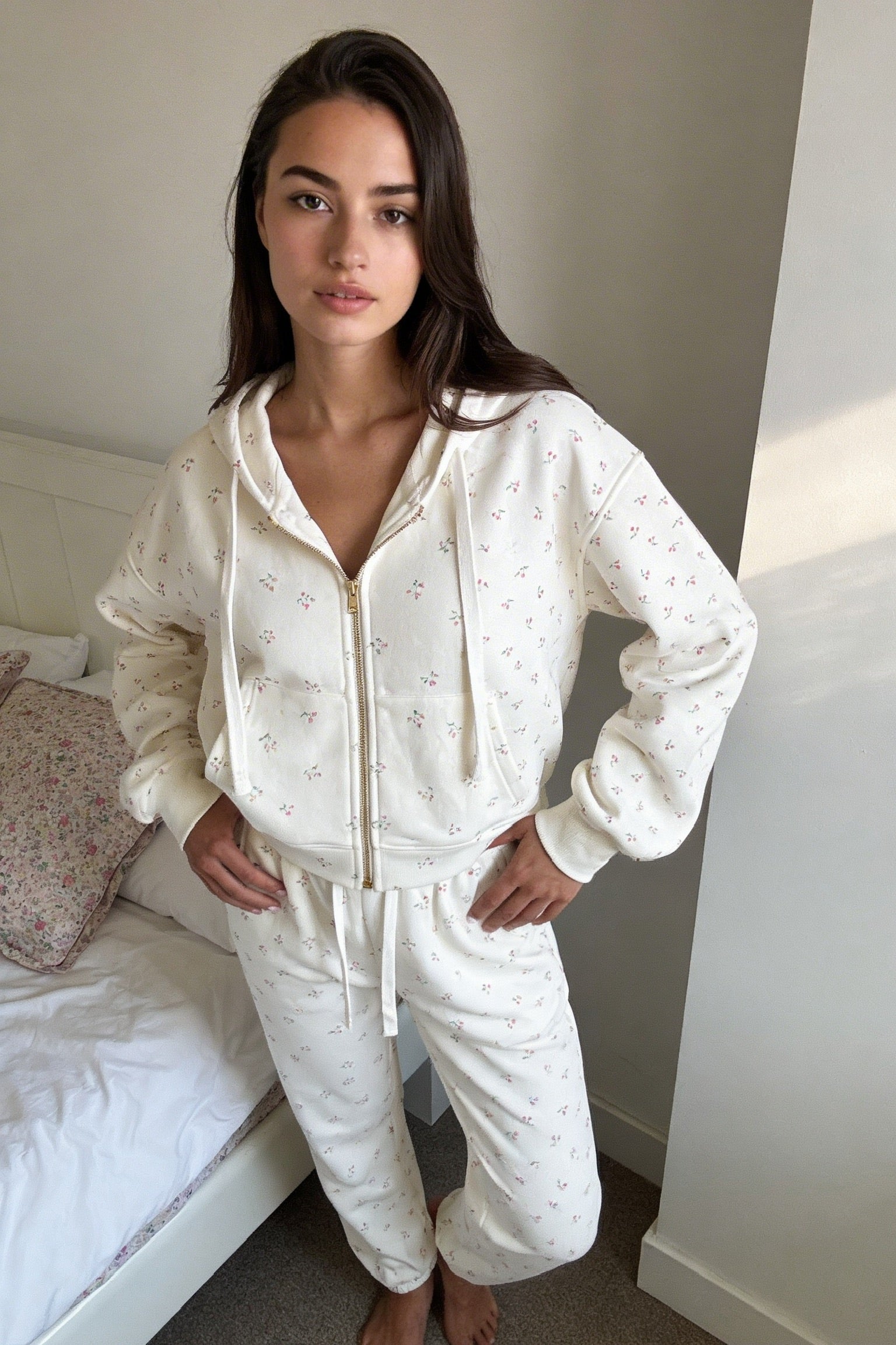 Camille Cotton Floral Zip Hoodie Jogger Set 2PC Leisure Outfit - Shopthatapp.ca