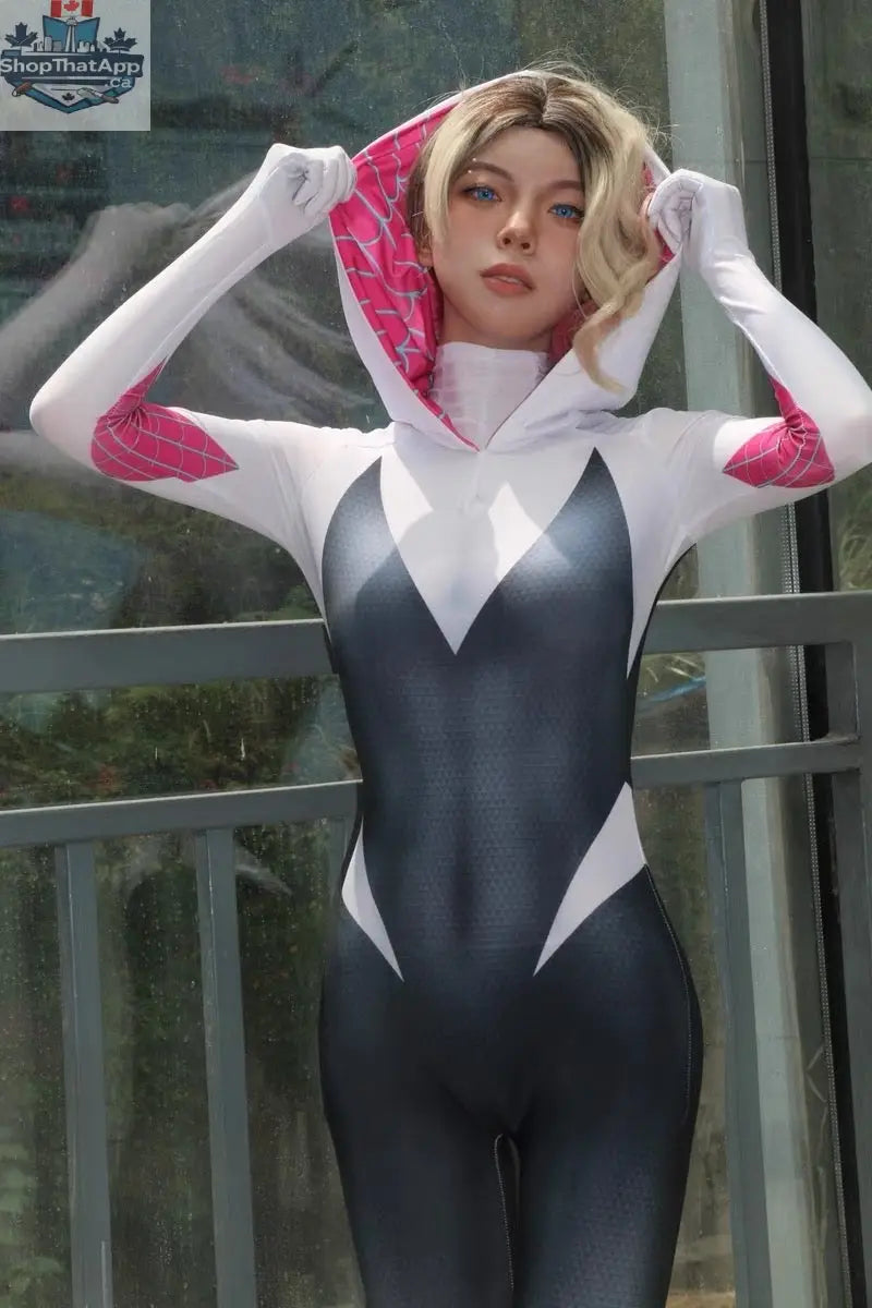 MRJCOS Spider Gwen superhero cosplay costume full bodysuit, featuring vibrant details from the Spider Gwen Halloween Zentai outfit.