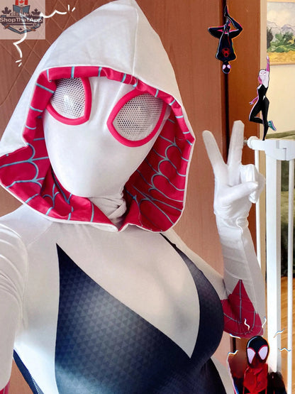 Spider Gwen superhero cosplay costume by MRJCOS, full bodysuit Zentai outfit featuring vibrant spider web design for Halloween.
