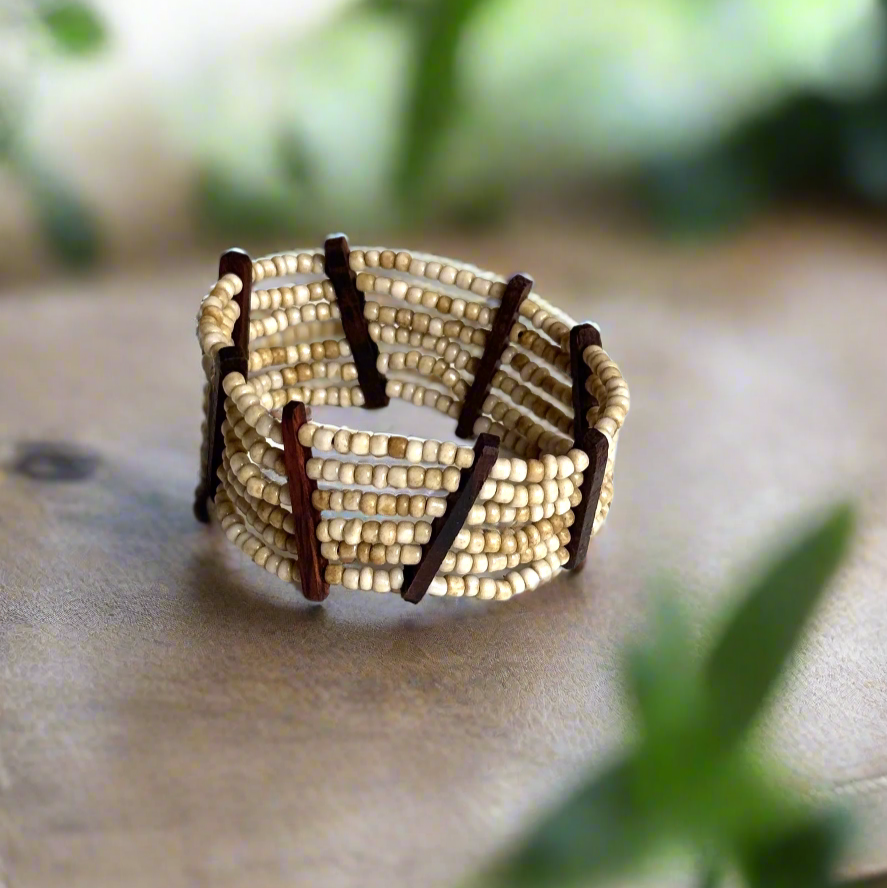 Elasticated Bead Bracelet with Wood Detail - Shopthatapp.ca