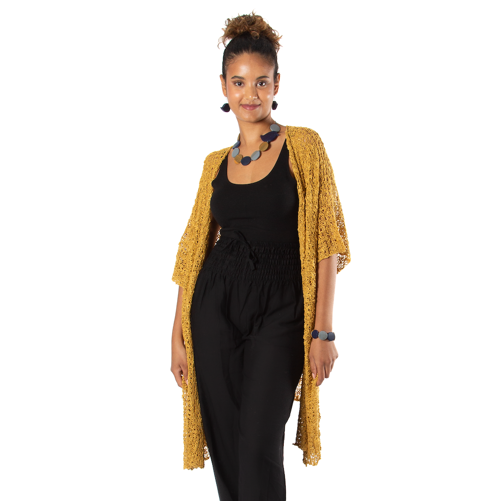 Mid Length Mustard Popcorn Knit Kimono - Shopthatapp.ca