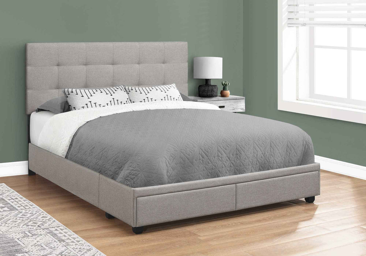 Base de lit Queen avec 2 tiroirs rangement tissus gris - Monarch (I6020Q)