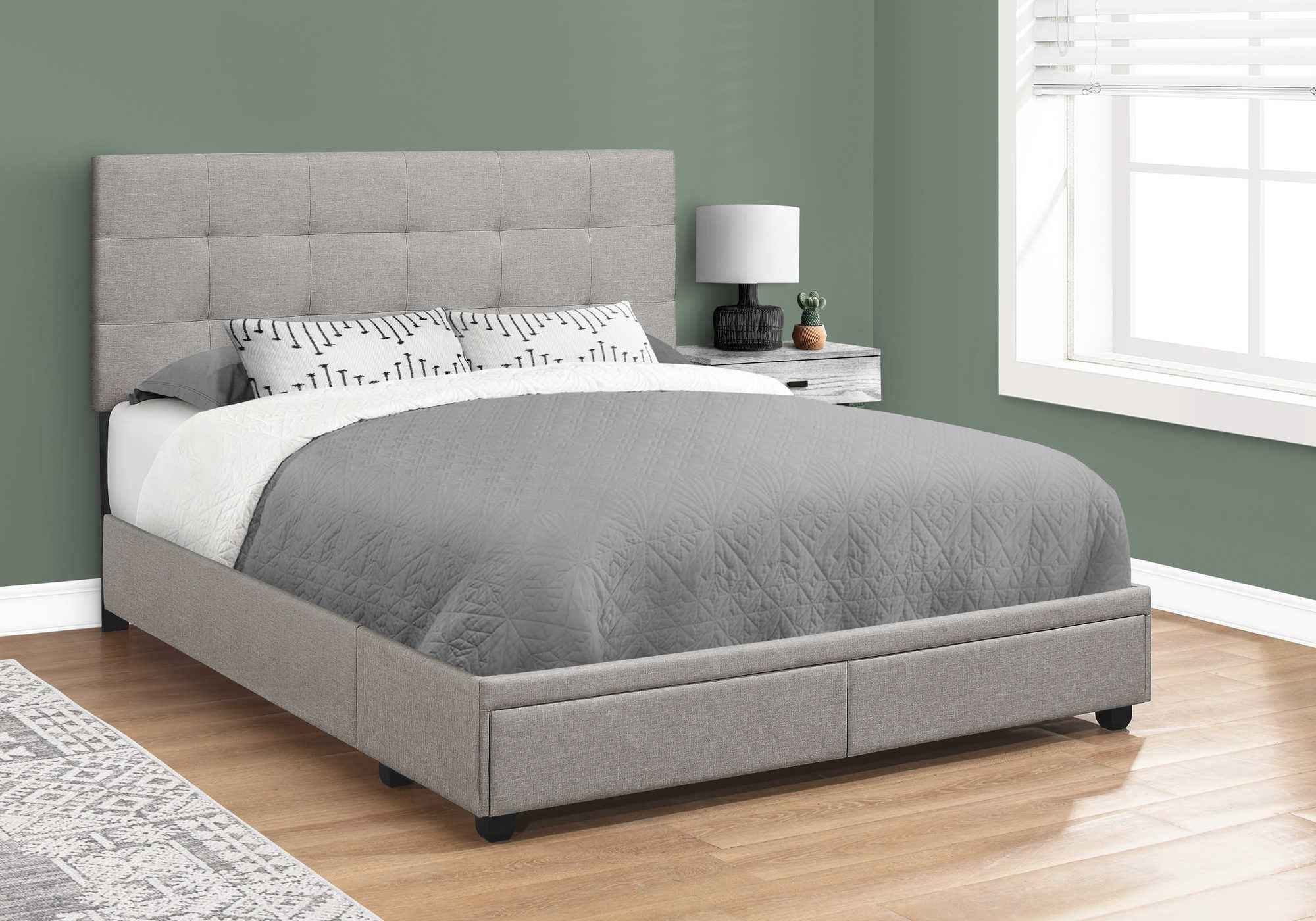 Base de lit Queen avec 2 tiroirs rangement tissus gris - Monarch (I6020Q)