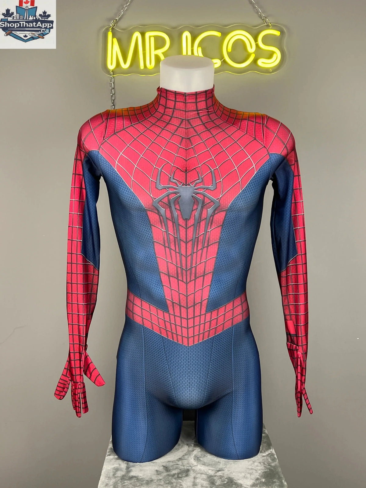 MRJCOS Spider-Man cosplay full bodysuit featuring a detailed red and blue superhero Zentai costume for Halloween.